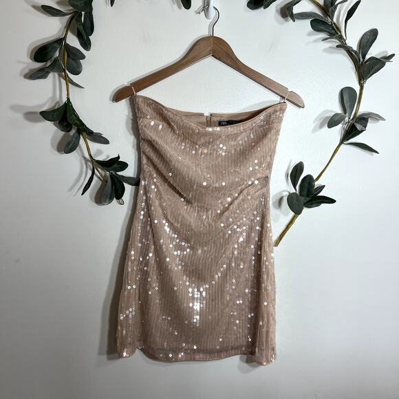 Zara Dresses & Skirts - Zara Tan Sequined Strapless Mini Dress